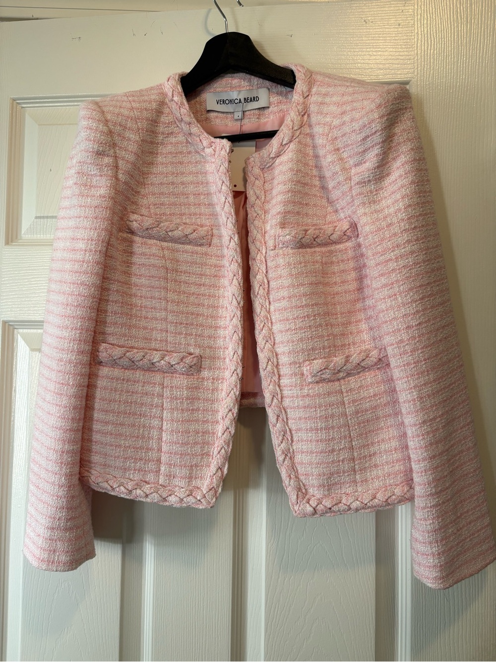 Veronica Beard Pink Tweed Braided-Trim Jacket